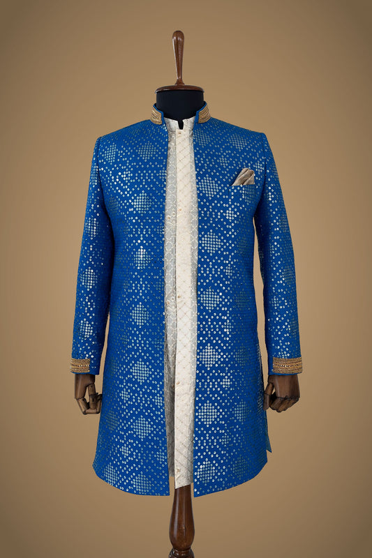 Blue open sherwani with embroidery