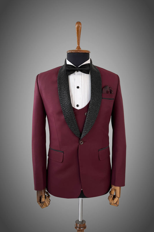Wine-Colored Bespoke Tuxedo with Exquisite Cutdana Detailing”