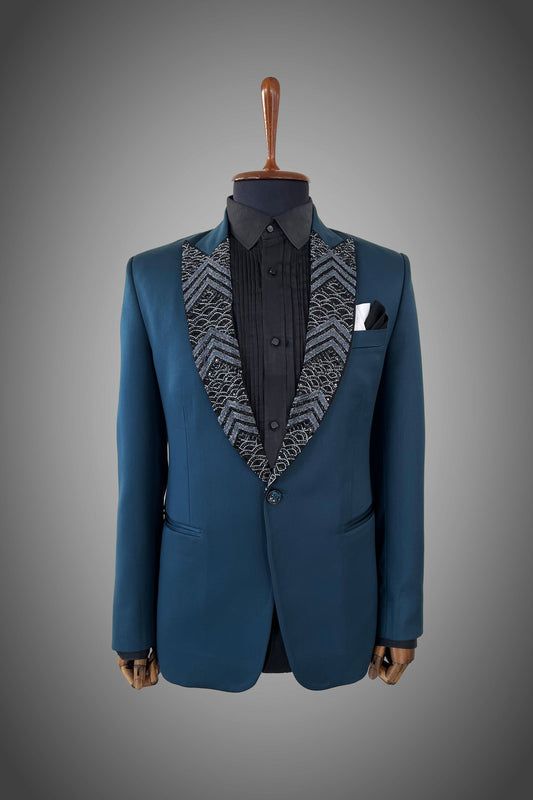 Teal blue embroidered tuxedo with Embroidered Lapel