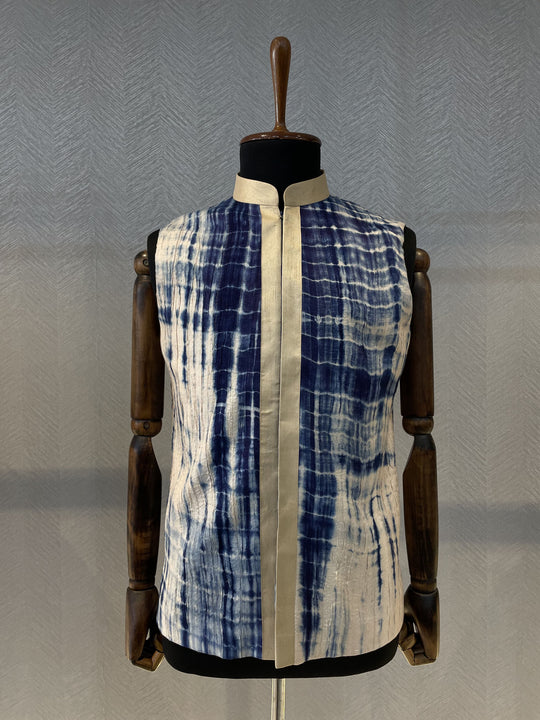 Blue tie-dye silk Nehru Jacket with light gold panels