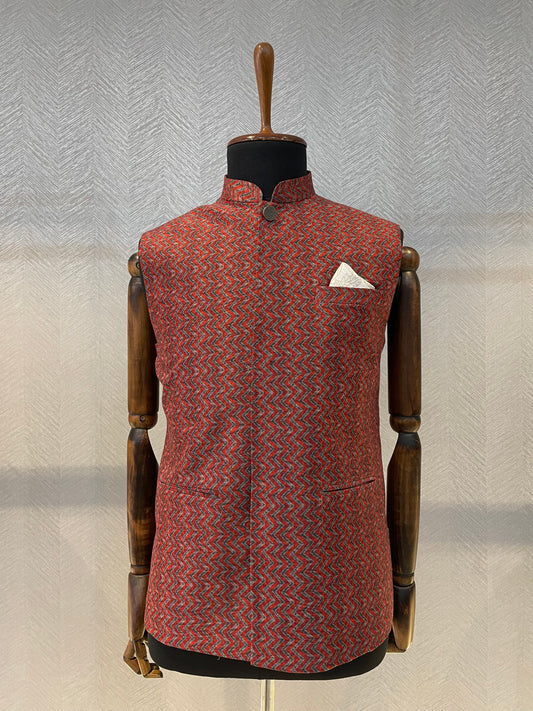 Red silk Nehru Jacket with dark grey chevron print