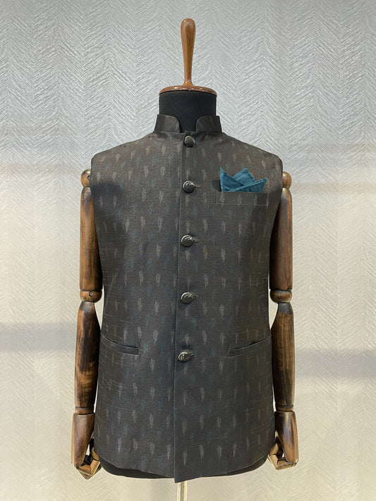 Metallic black silk Nehru Jacket with teal- white ikkat print