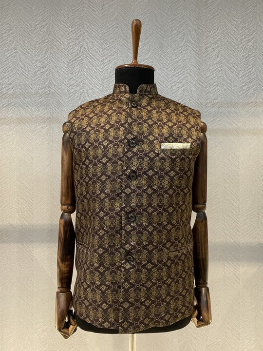 Dark brown-gold printed silk Nehru Jacket