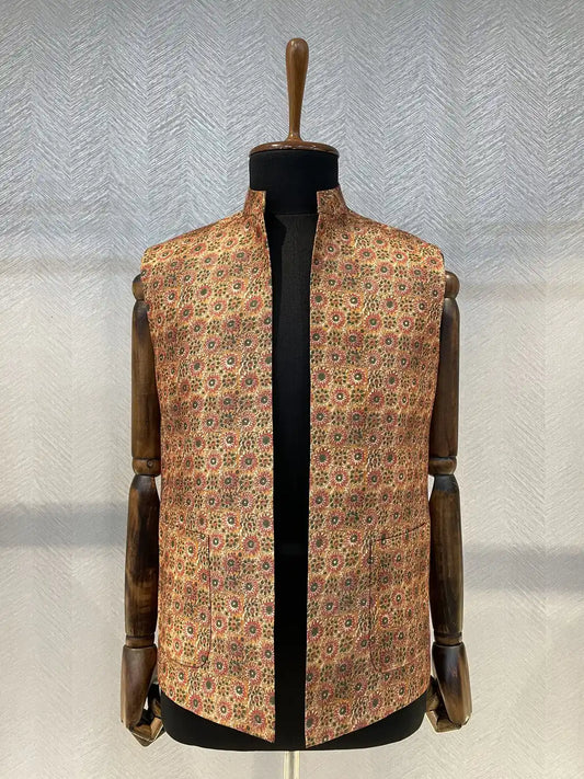 Open Nehru Jacket with multicolor floral pattern