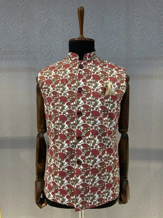 Hand-block printed red floral Nehru Jacket with gold lines