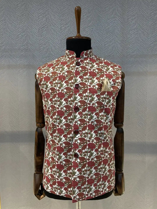 Hand-block printed red floral Nehru Jacket with gold lines