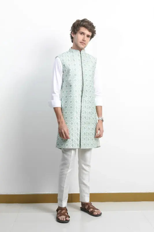 Sleeveless seafoam embroidered long Nehru Jacket TheHaberdasher.in