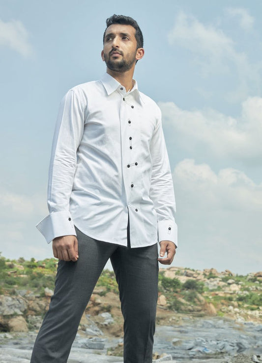 Textured white front button detailed shirt