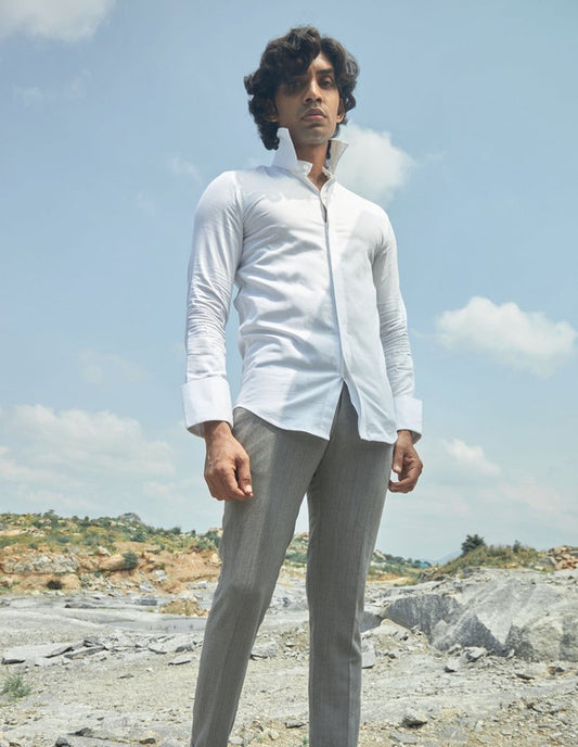 Textured white high-collar shirt