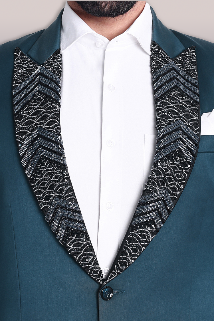 Teal Blue Embroidered Tuxedo with Embroidered Lapel