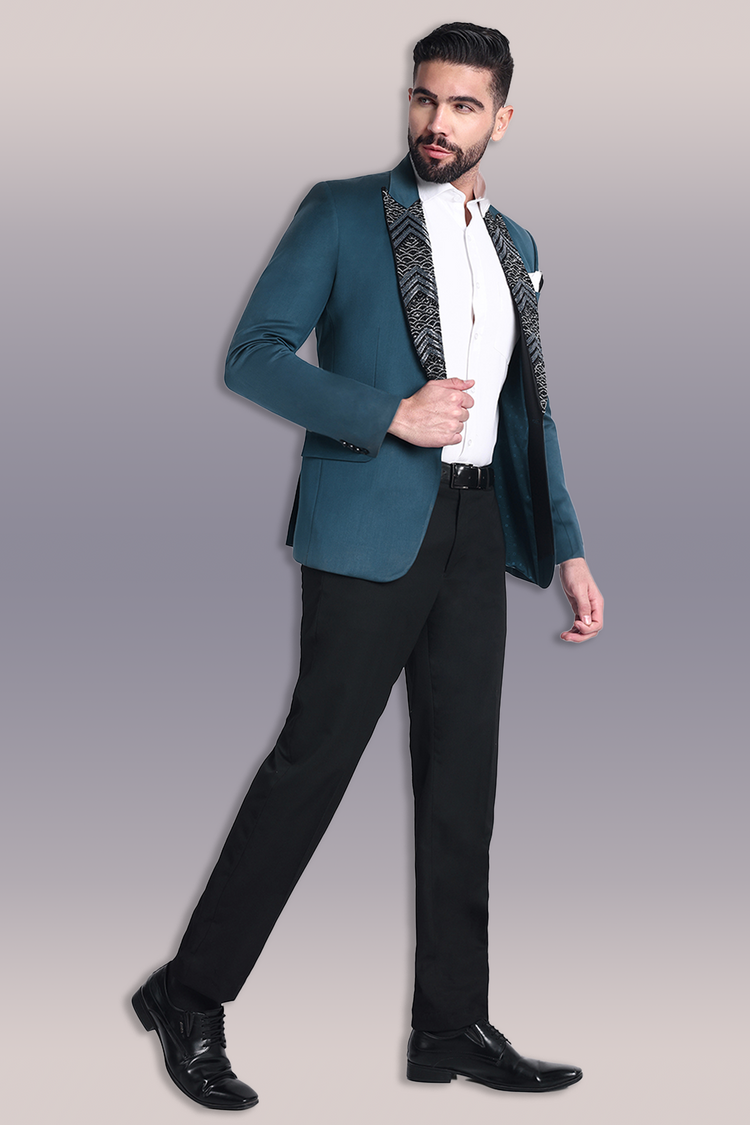 Teal Blue Embroidered Tuxedo with Embroidered Lapel