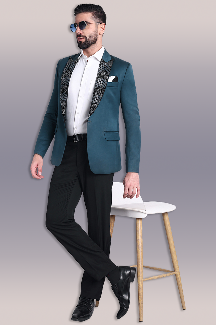 Teal Blue Embroidered Tuxedo with Embroidered Lapel
