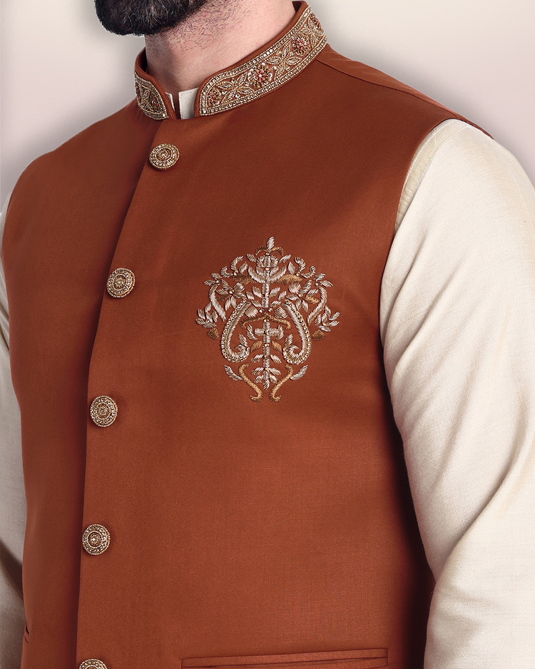 Rust Orange Embroidered Nehru Jacket