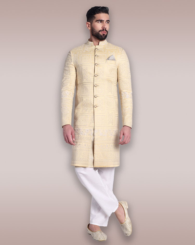 Light Gold Silk Sherwani with Intricate Threadwork