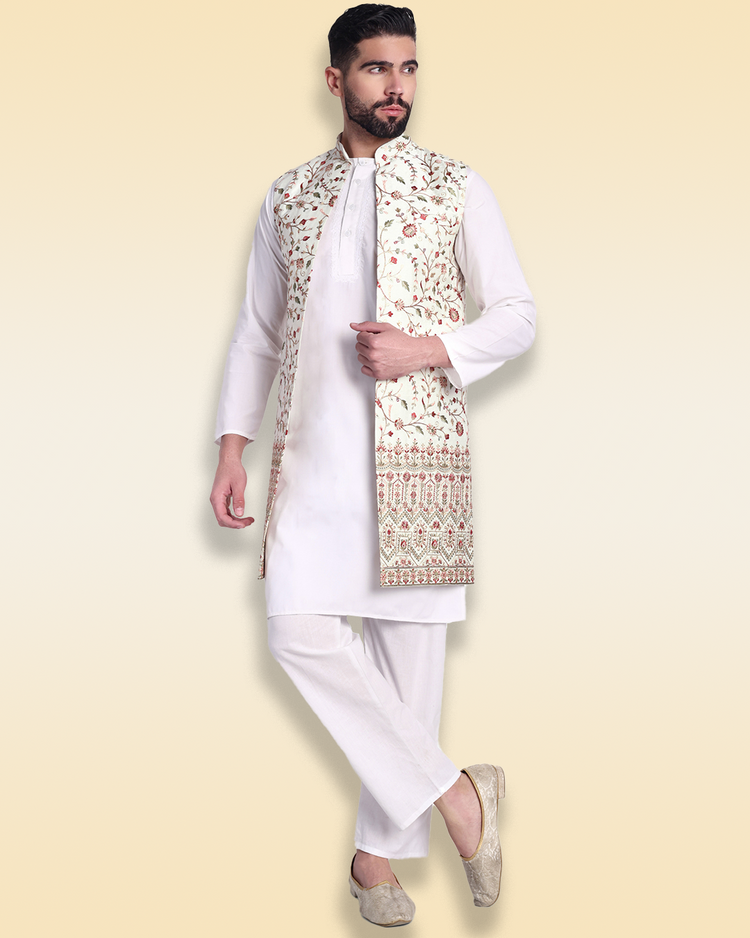 White Silk Long Nehru Jacket with Floral Embroidery