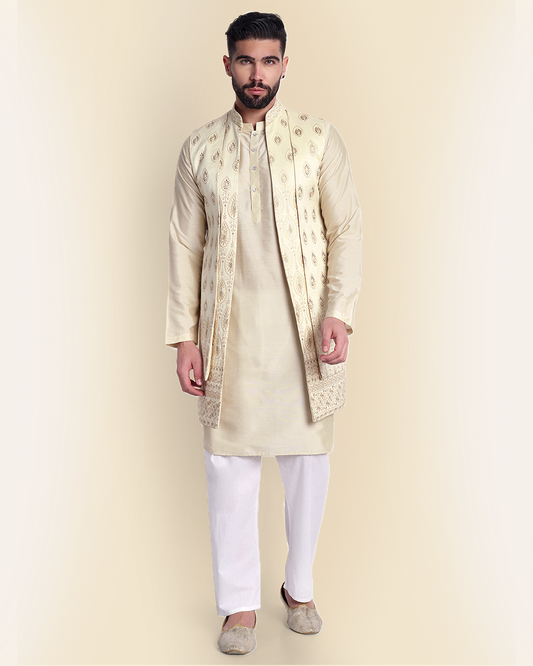 Beige Embroidered Long Nehru Jacket