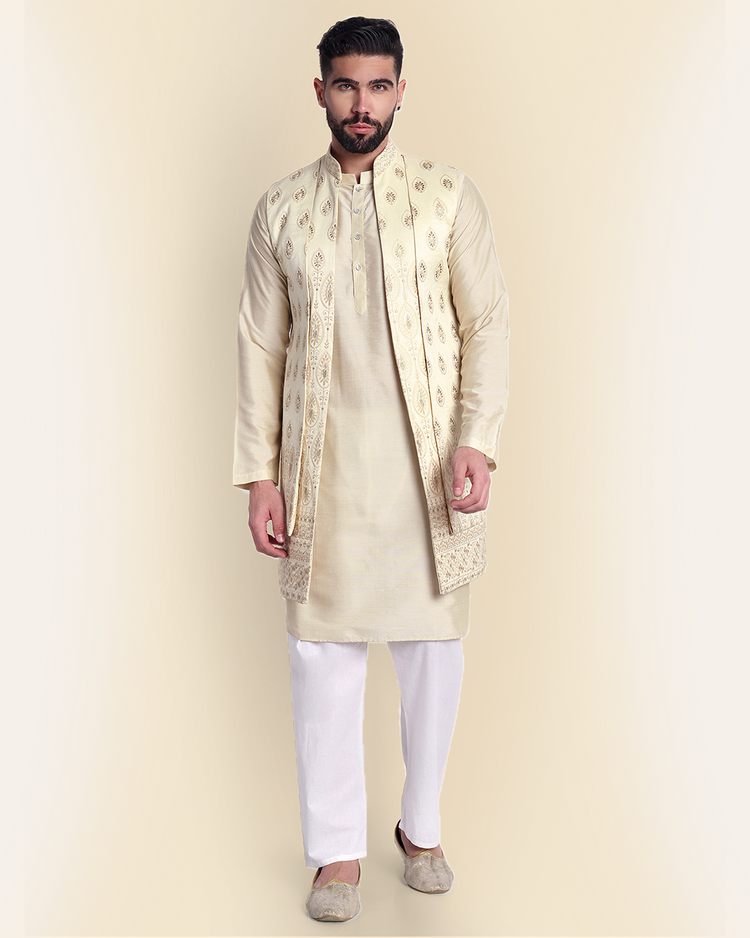Beige Embroidered Long Nehru Jacket