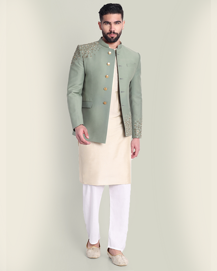 Sage Green Asymmetrical Bandhgala with Hand Embroidery