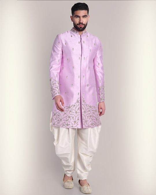 Lavender Raw Silk Sherwani Set with Cutdana and Zari Embroidery