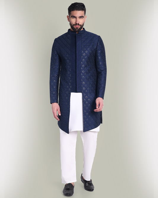 Navy Blue Silk Sherwani with Intricate Embroidery