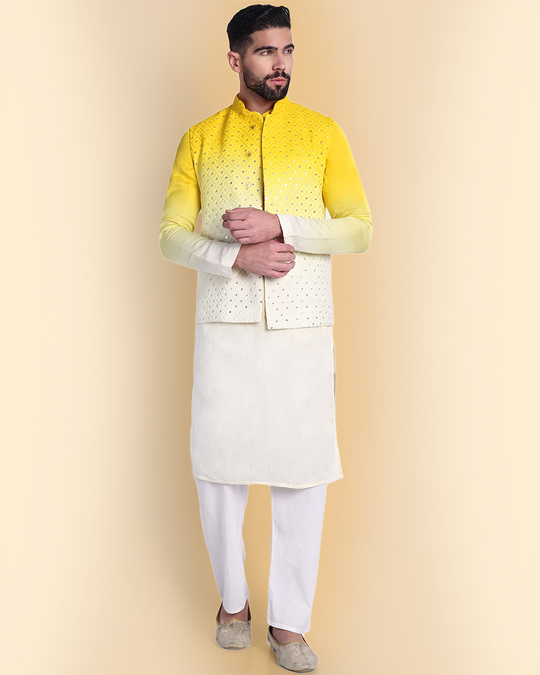 Yellow Cotton Silk Nehru Jacket Set with Mirror Work