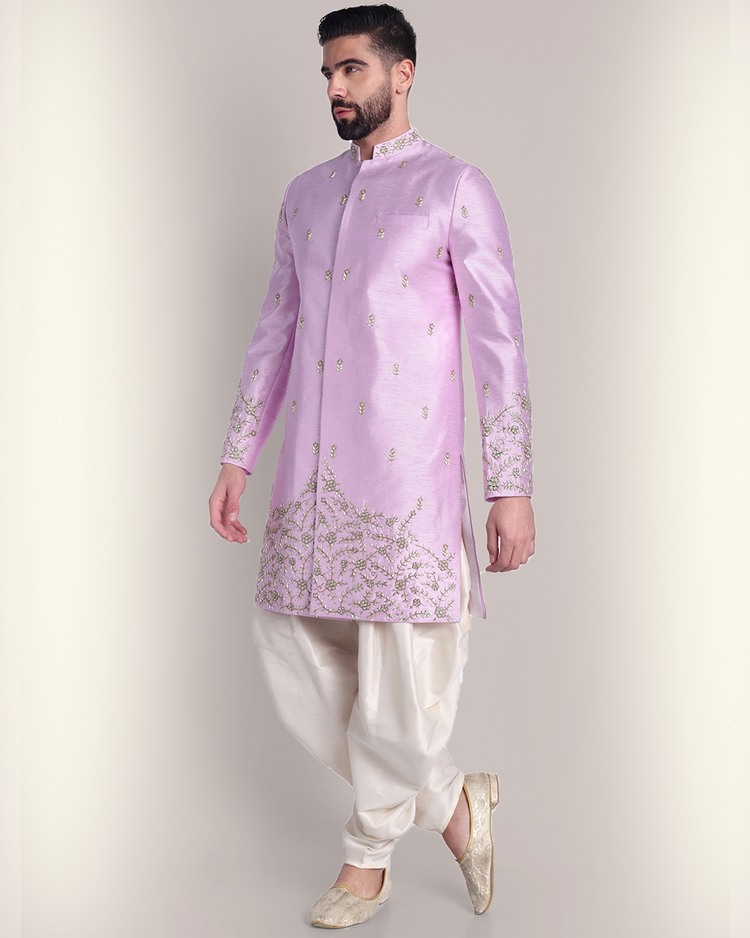 Lavender Raw Silk Sherwani Set with Cutdana and Zari Embroidery