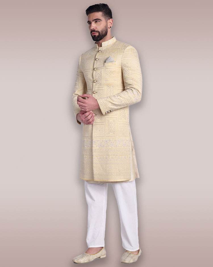 Light Gold Silk Sherwani with Intricate Threadwork