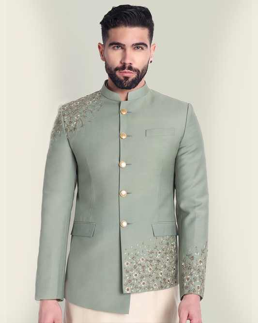 Sage Green Asymmetrical Bandhgala with Hand Embroidery