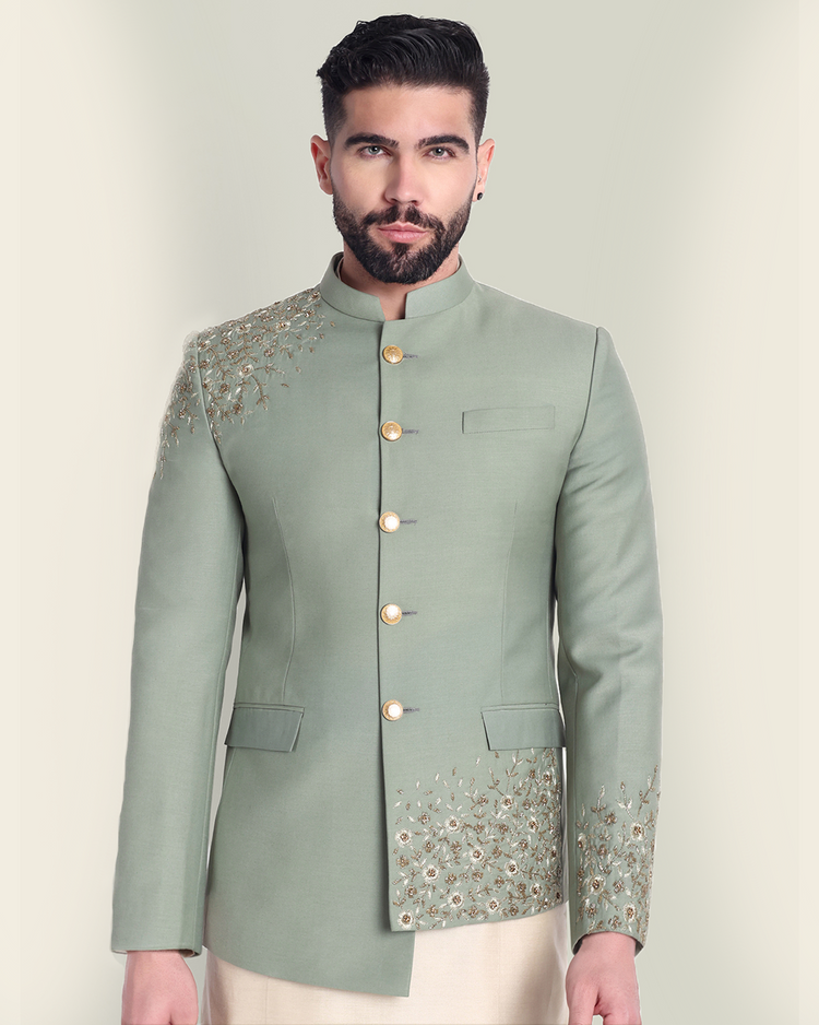 Sage Green Asymmetrical Bandhgala with Hand Embroidery