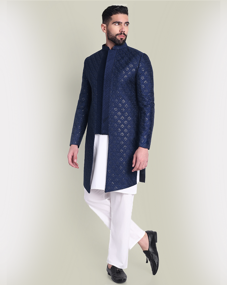 Navy Blue Silk Sherwani with Intricate Embroidery