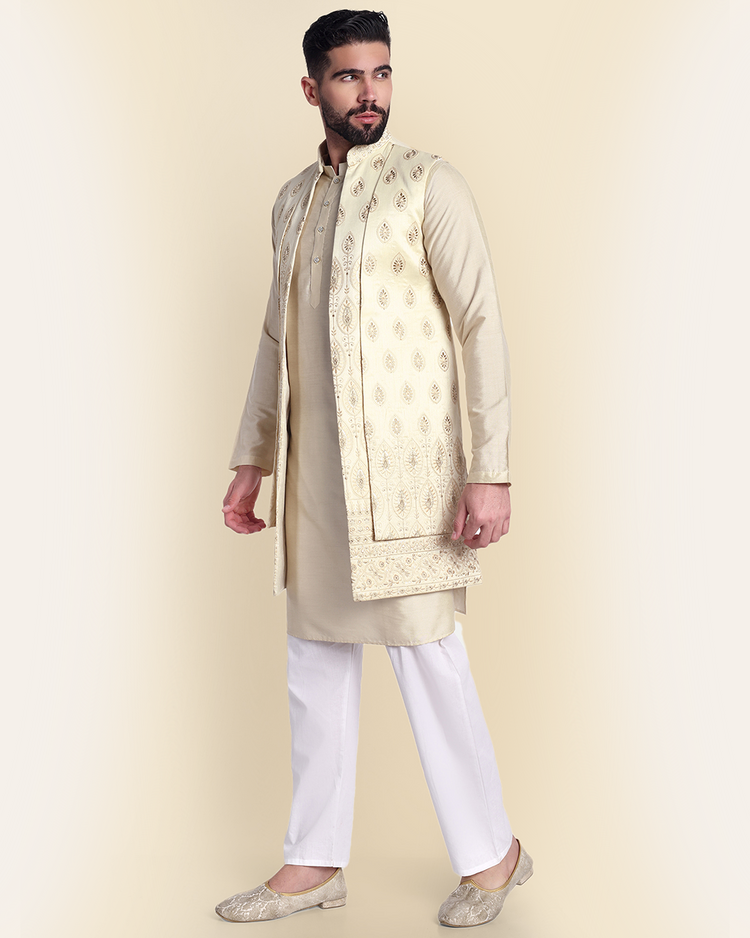 Beige Embroidered Long Nehru Jacket