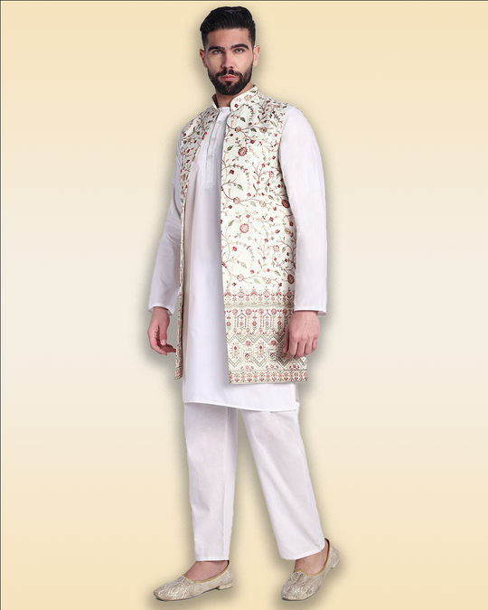 White Silk Long Nehru Jacket with Floral Embroidery