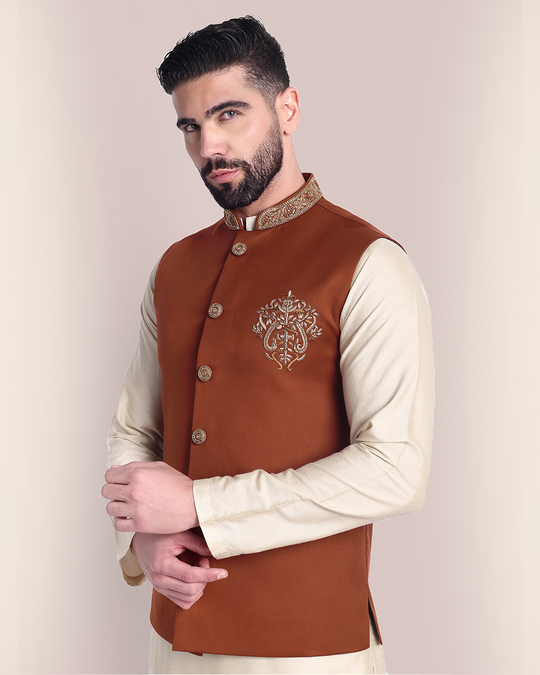 Rust Orange Embroidered Nehru Jacket