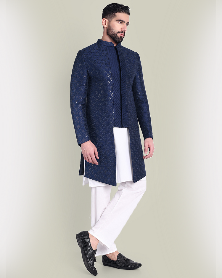 Navy Blue Silk Sherwani with Intricate Embroidery