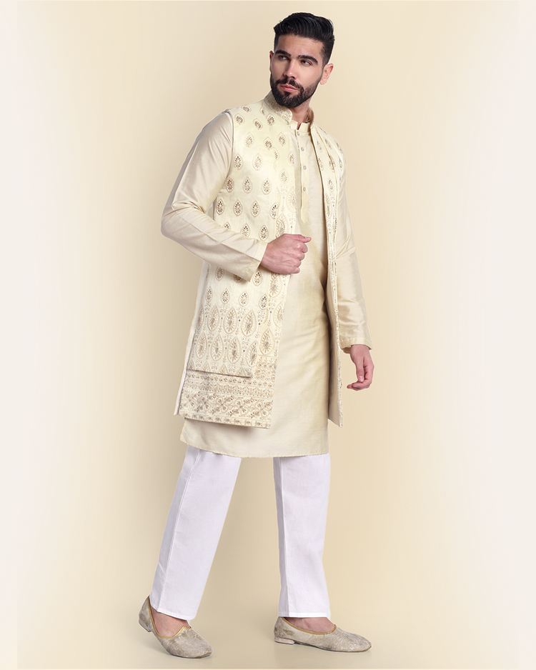 Beige Embroidered Long Nehru Jacket