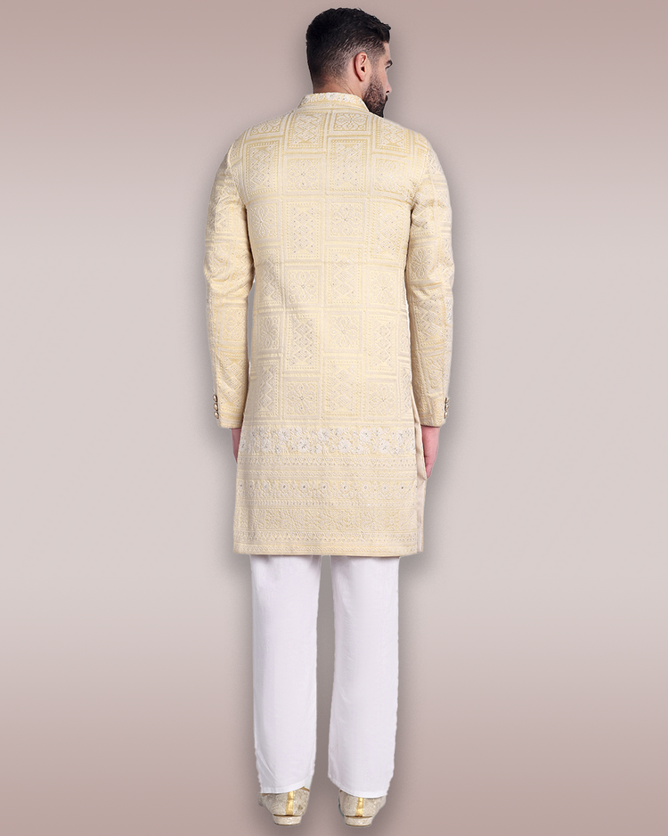 Light Gold Silk Sherwani with Intricate Threadwork