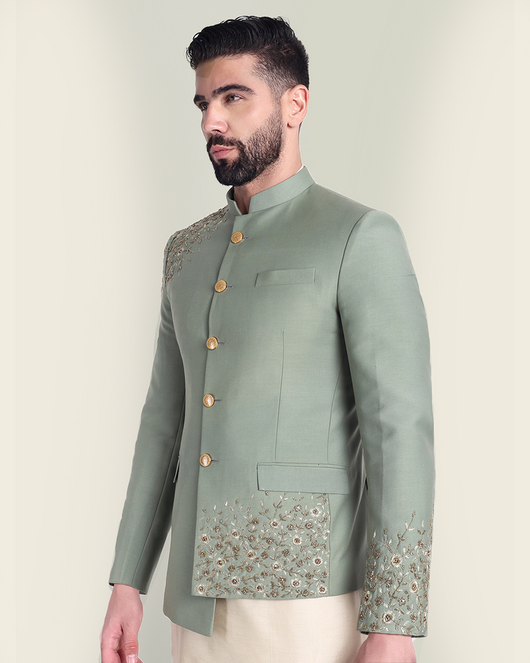 Sage Green Asymmetrical Bandhgala with Hand Embroidery