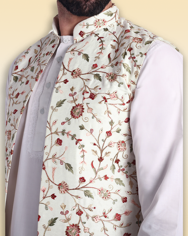 White Silk Long Nehru Jacket with Floral Embroidery