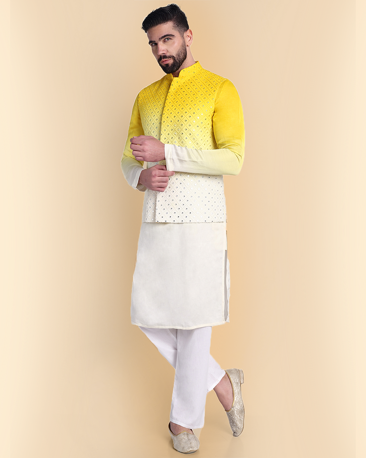 Yellow Cotton Silk Nehru Jacket Set with Mirror Work