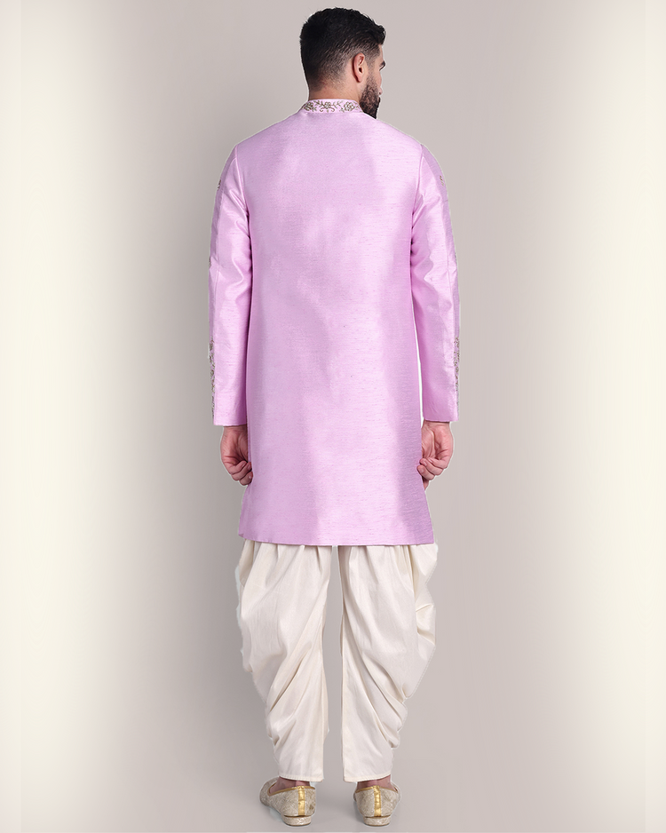 Lavender Raw Silk Sherwani Set with Cutdana and Zari Embroidery