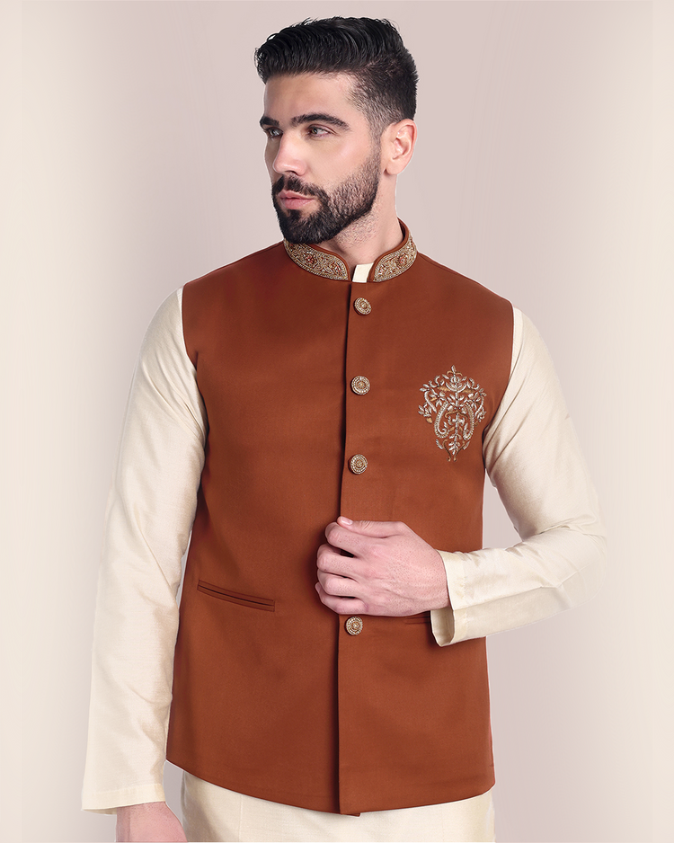 Rust Orange Embroidered Nehru Jacket