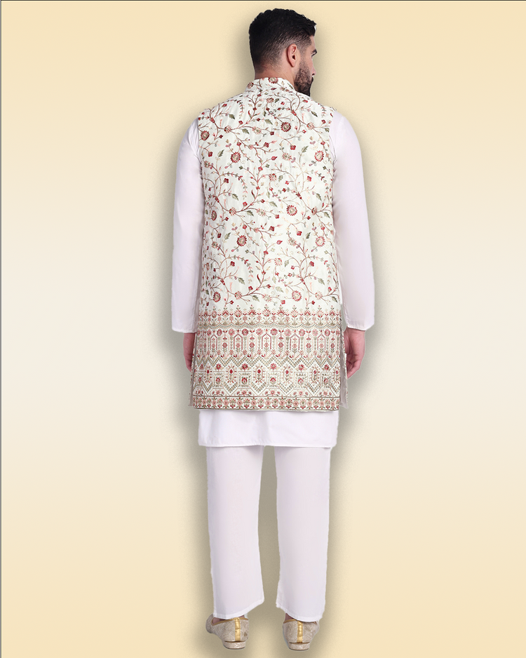 White Silk Long Nehru Jacket with Floral Embroidery