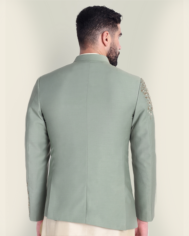 Sage Green Asymmetrical Bandhgala with Hand Embroidery