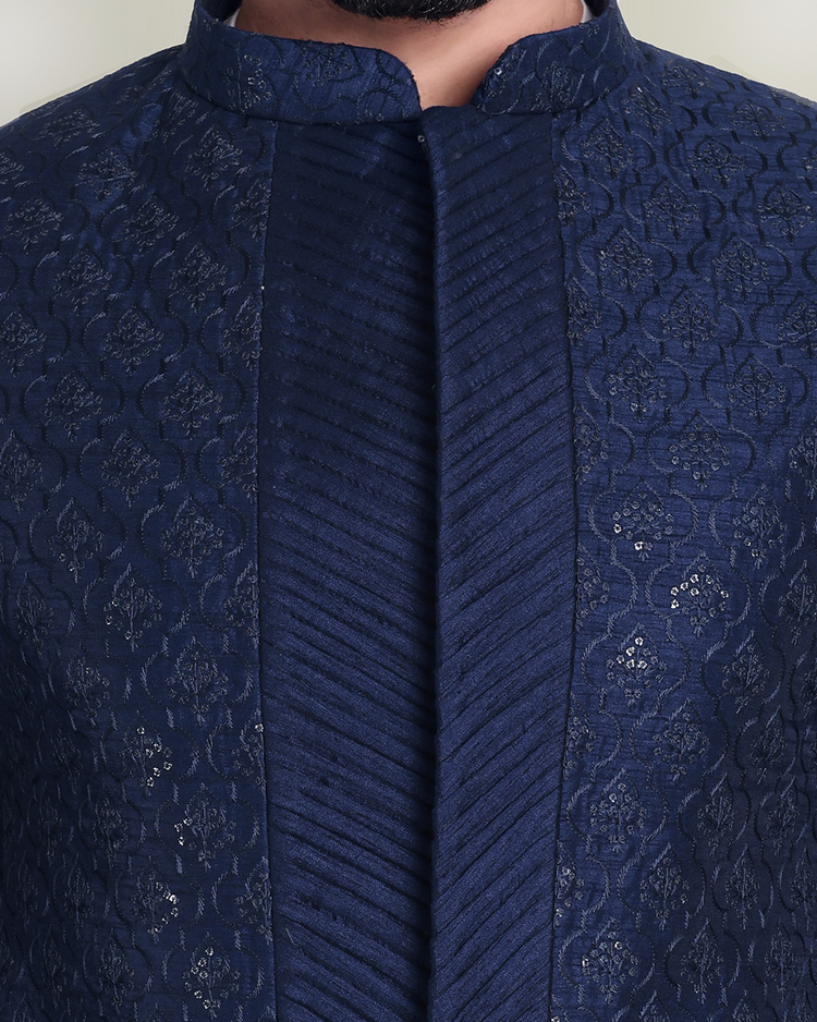 Navy Blue Silk Sherwani with Intricate Embroidery