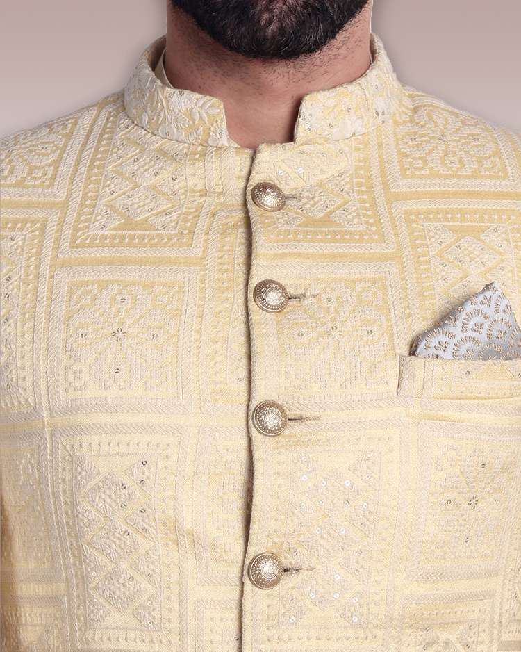 Light Gold Silk Sherwani with Intricate Threadwork