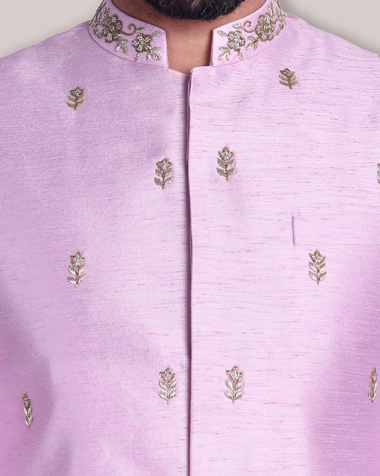Lavender Raw Silk Sherwani Set with Cutdana and Zari Embroidery