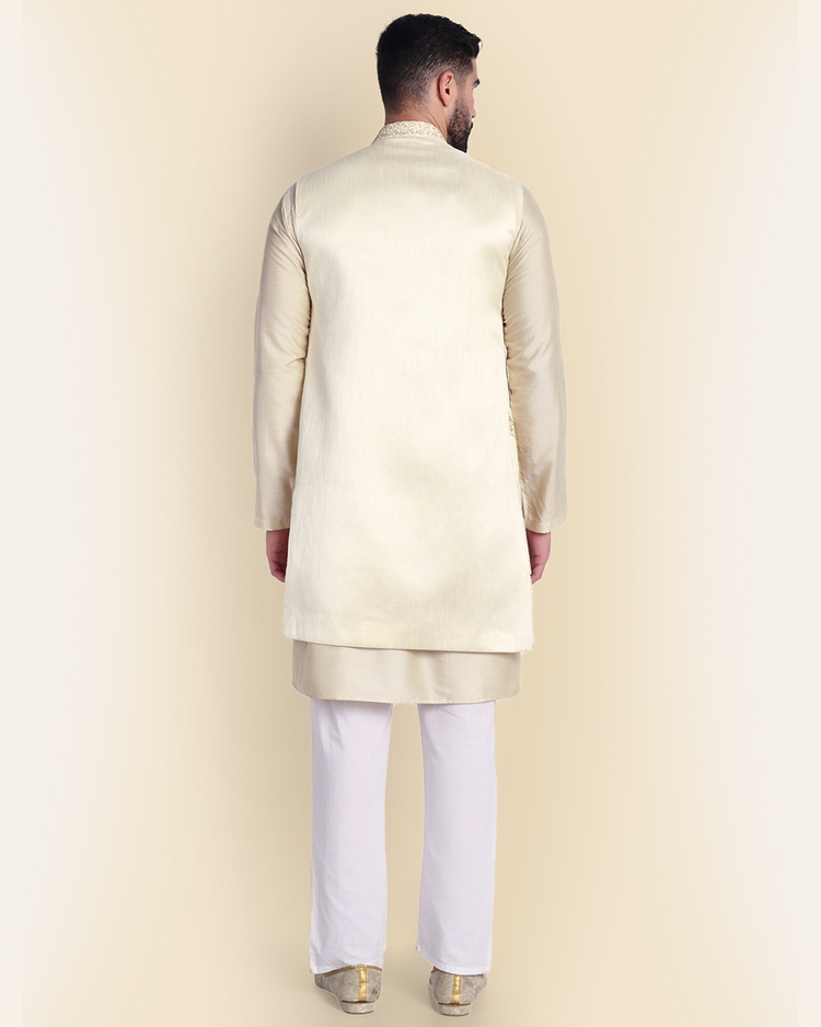 Beige Embroidered Long Nehru Jacket
