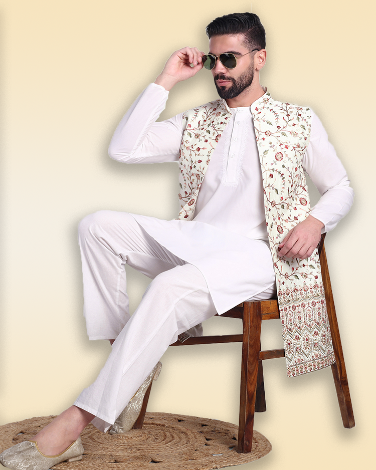 White Silk Long Nehru Jacket with Floral Embroidery