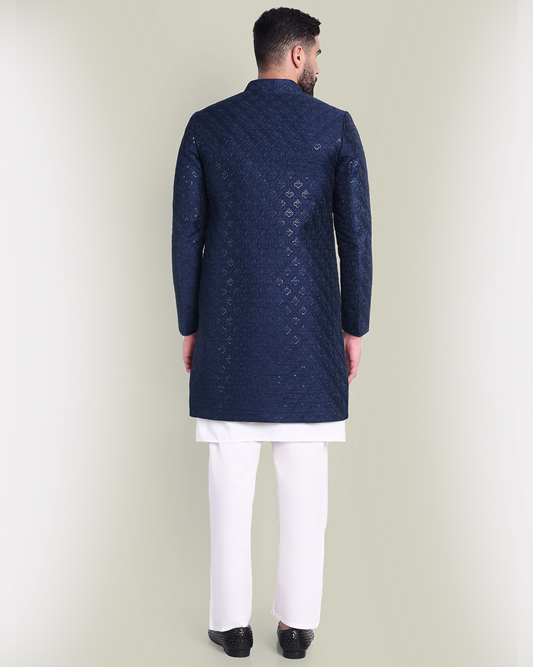 Navy Blue Silk Sherwani with Intricate Embroidery