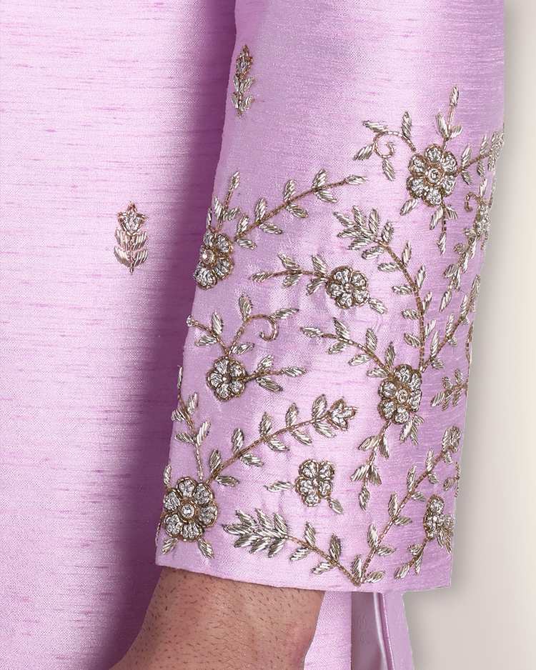 Lavender Raw Silk Sherwani Set with Cutdana and Zari Embroidery